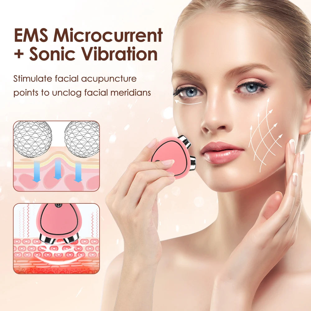 EMS Micro Current Beauty Instrument in pink, featuring dual rollers for facial massage and skin lifting.