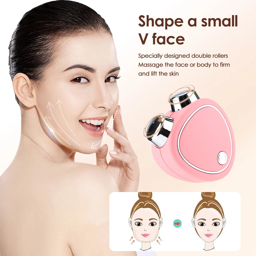 EMS Micro Current Beauty Instrument in pink, featuring dual rollers for facial massage and skin lifting.
