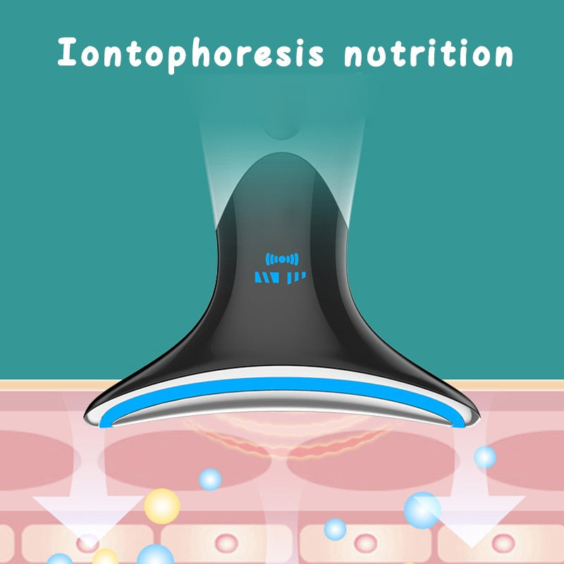 EMS Neck Massager in three colors with LED lights, designed for anti-wrinkle treatment and skin rejuvenation.