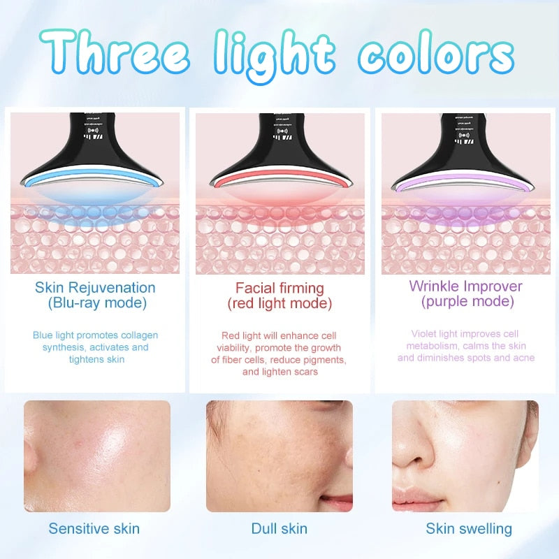 EMS Neck Massager in three colors with LED lights, designed for anti-wrinkle treatment and skin rejuvenation.