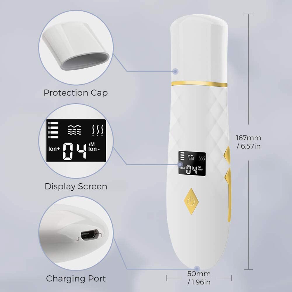 EMS Skin Scrubber Ultrasonic Facial Skin Spatula with hot compress feature, designed for deep skin cleansing and rejuvenation.