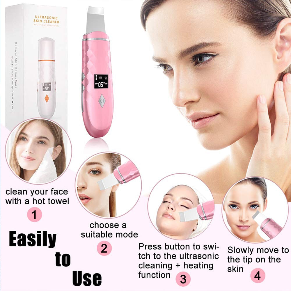 EMS Skin Scrubber Ultrasonic Facial Skin Spatula with hot compress feature, designed for deep skin cleansing and rejuvenation.