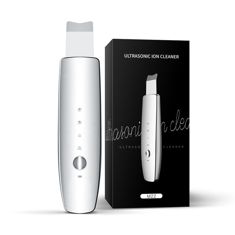 EMS Ultrasonic Skin Scrubber Face Spatula in gray color, showcasing its sleek design and LED lights for skin treatment.