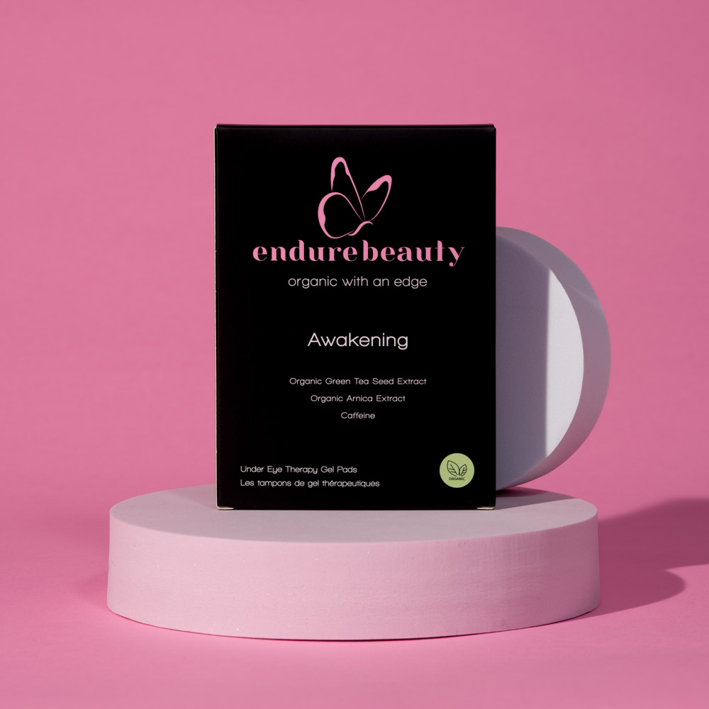 Endure™ Beauty Organic Awakening Under Eye Therapy Gel Pads in a sleek packaging, showcasing the gel pads designed for reducing puffiness and revitalizing the under-eye area.