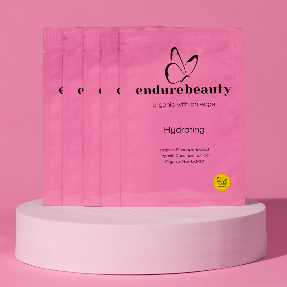 Endure™ Beauty Organic Hydrating Under Eye Therapy Gel Pads displayed on a soft surface, showcasing their organic ingredients and soothing properties.