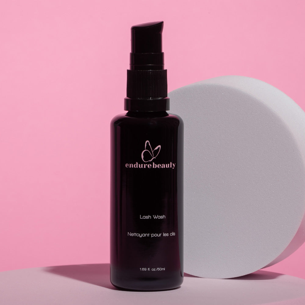 Endure™ Beauty Organic Lash Wash bottle with cucumber extract, showcasing its natural ingredients and gentle formula for lash care.