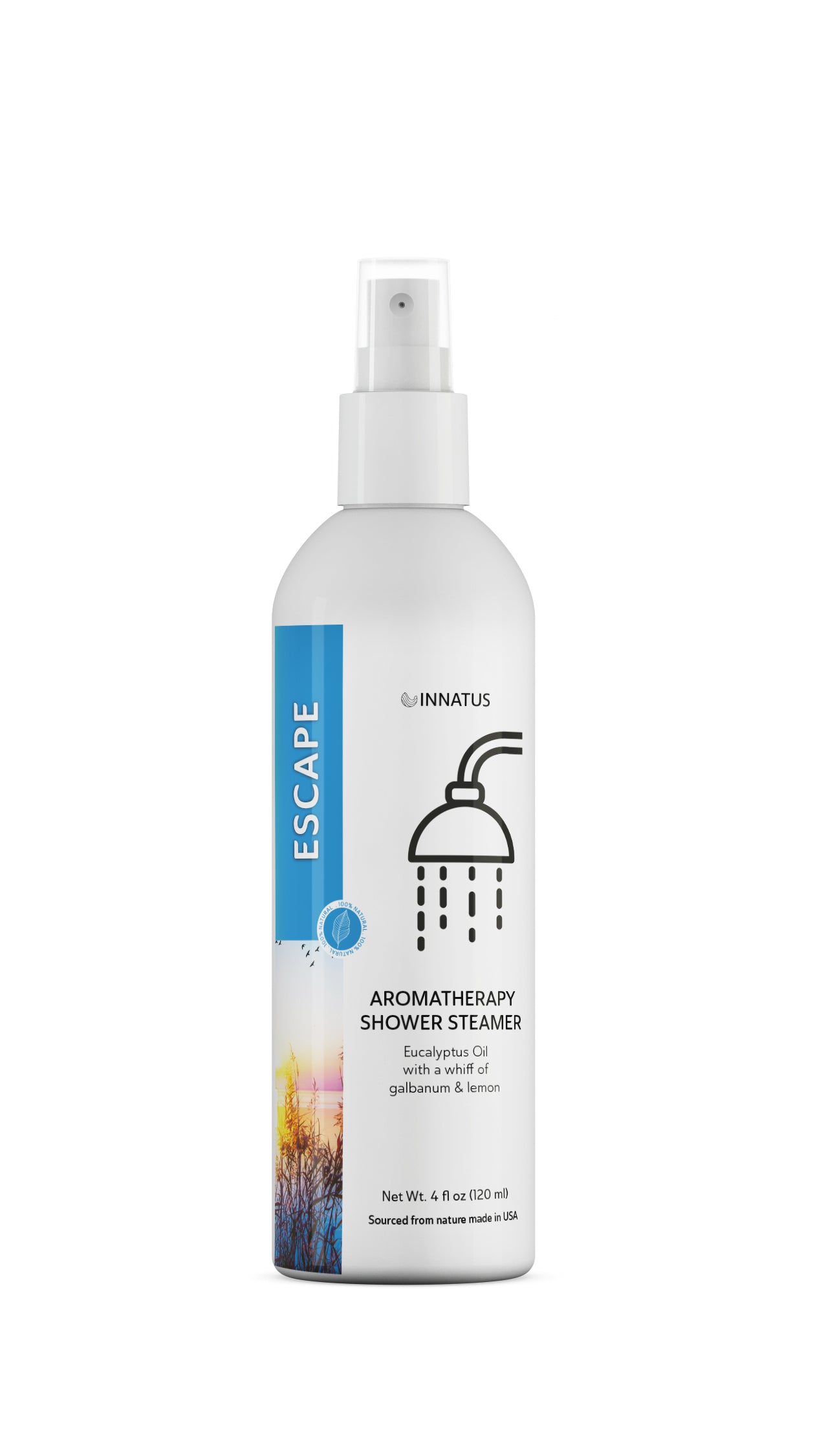 Escape shower spray featuring eucalyptus and lemon essential oils in a sleek bottle, designed for a refreshing aromatherapy experience.