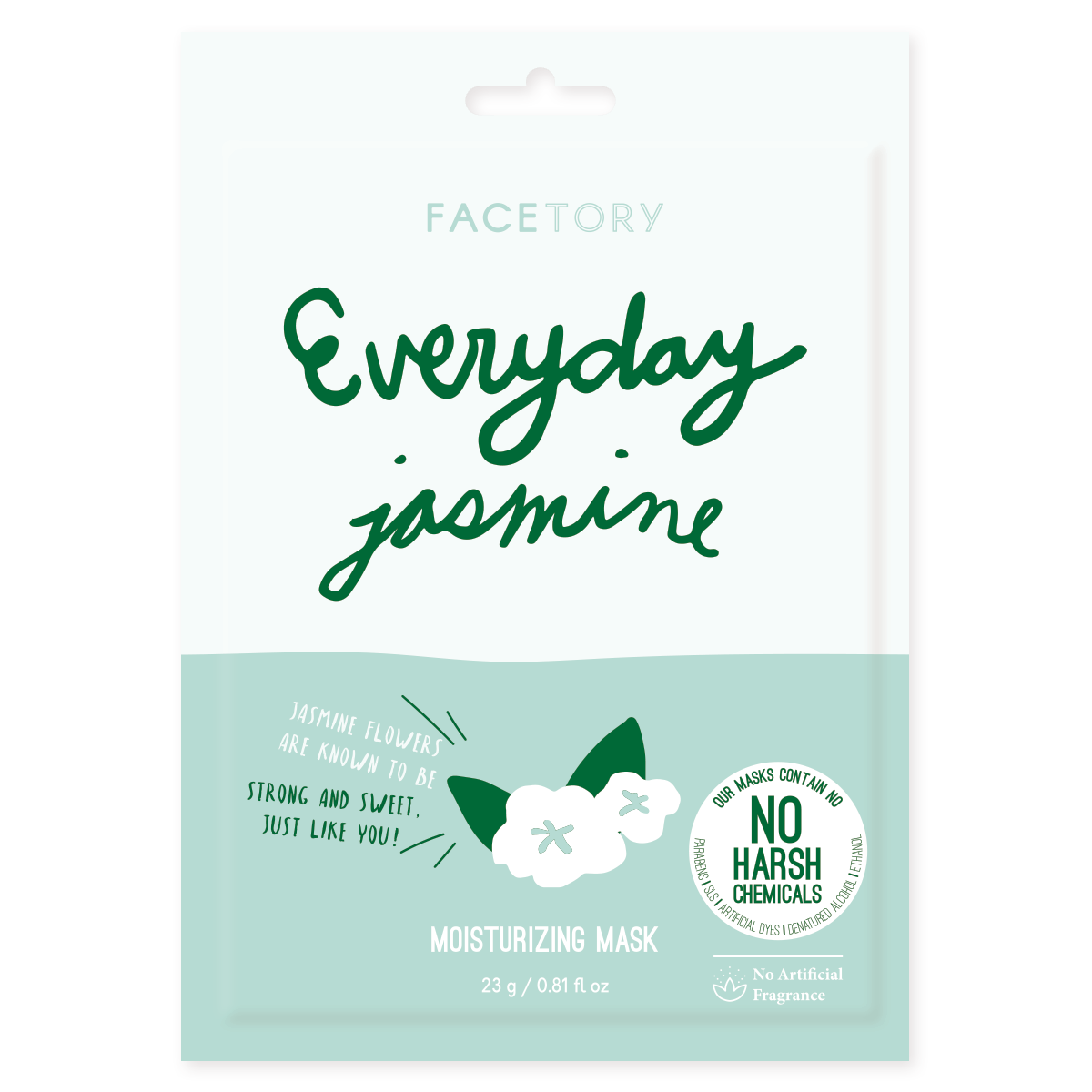 Everyday Jasmine Moisturizing Sheet Mask displayed on a clean surface, showcasing its elegant packaging and natural ingredients.