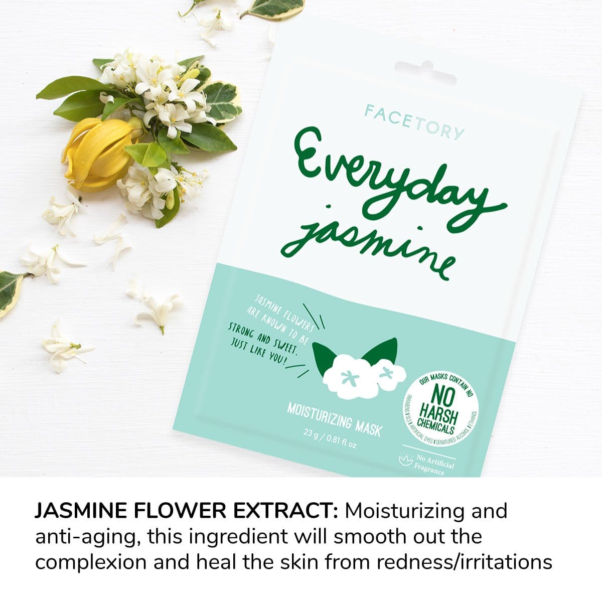 Everyday Jasmine Moisturizing Sheet Mask displayed on a clean surface, showcasing its elegant packaging and natural ingredients.