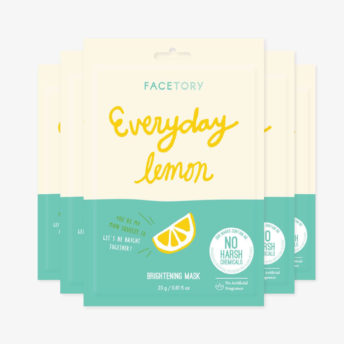 Everyday Lemon Brightening Sheet Mask with lemon graphics, showcasing its brightening properties and natural ingredients.