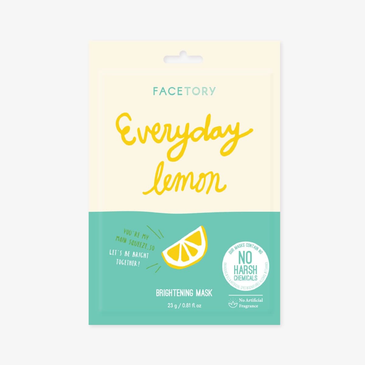 Everyday Lemon Brightening Sheet Mask with lemon graphics, showcasing its brightening properties and natural ingredients.