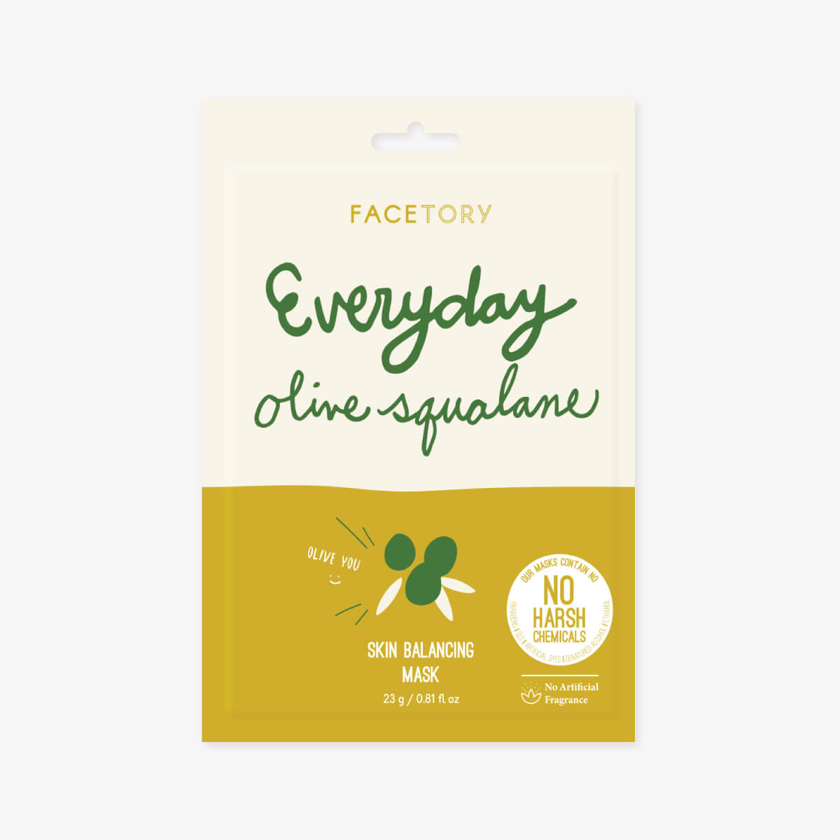 Everyday Olive Squalane Skin Balancing Sheet Mask packaging with a vibrant design, showcasing its natural ingredients and benefits for skin hydration.