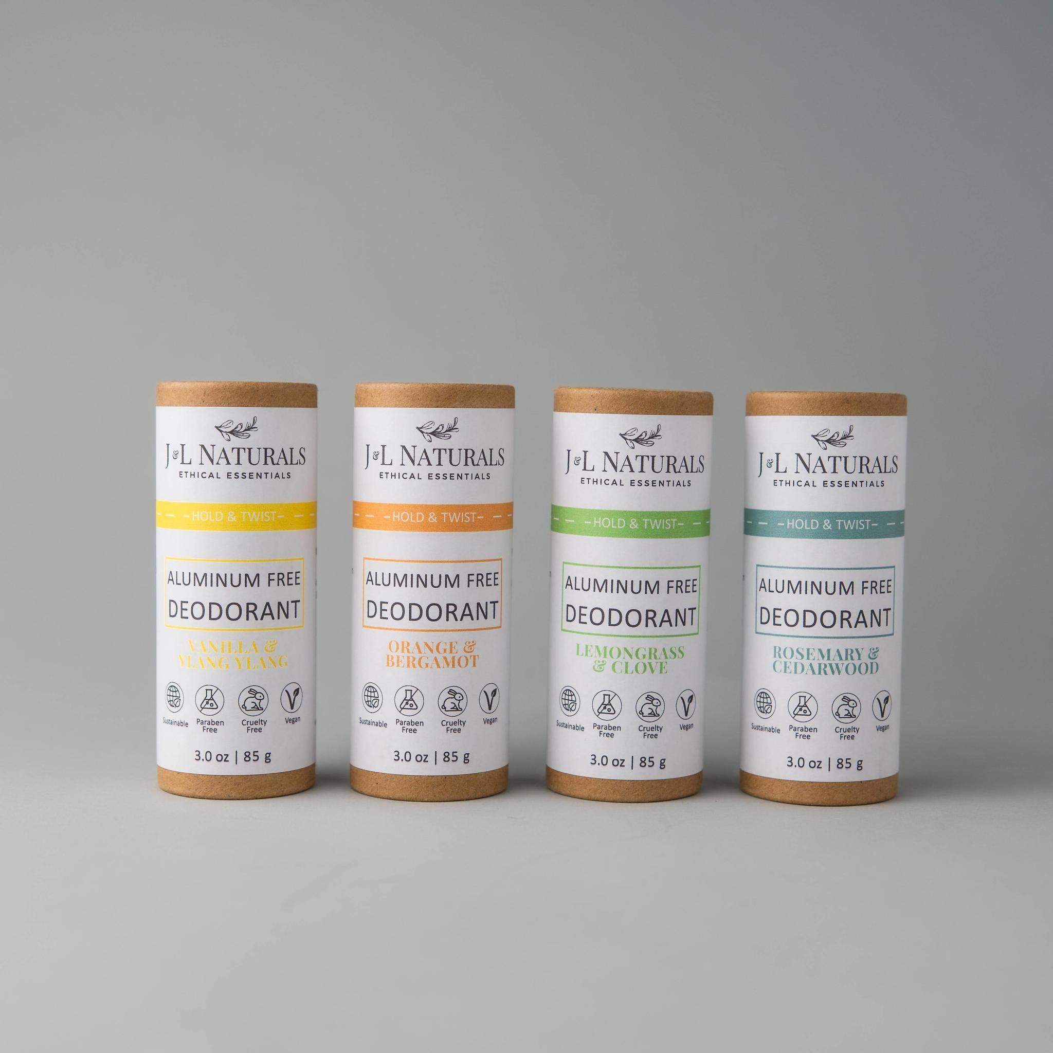 Extra-Strength Deodorant Bundle featuring four aluminum-free deodorants in various scents, showcasing eco-friendly packaging.