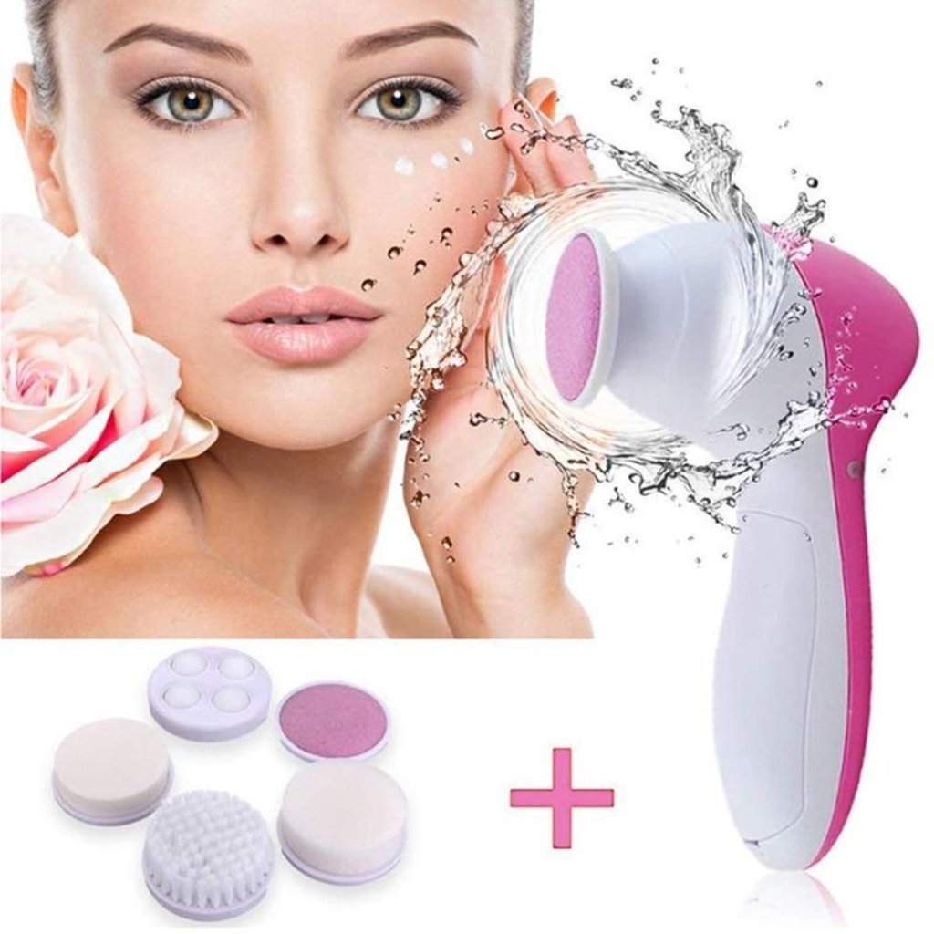 Face Massage Cleansing Brush Set with five different brushes for skincare, including soft brush, rolling massager, and makeup sponge.