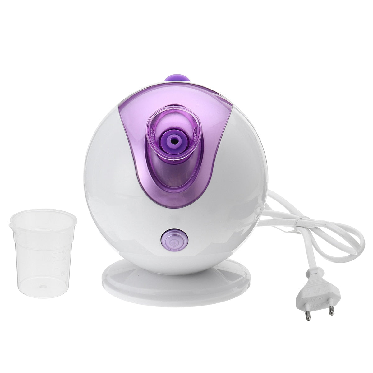 Purple face steamer cleaner tool designed for deep cleaning and hydration of facial skin, featuring dual steaming cones and a measuring cup.