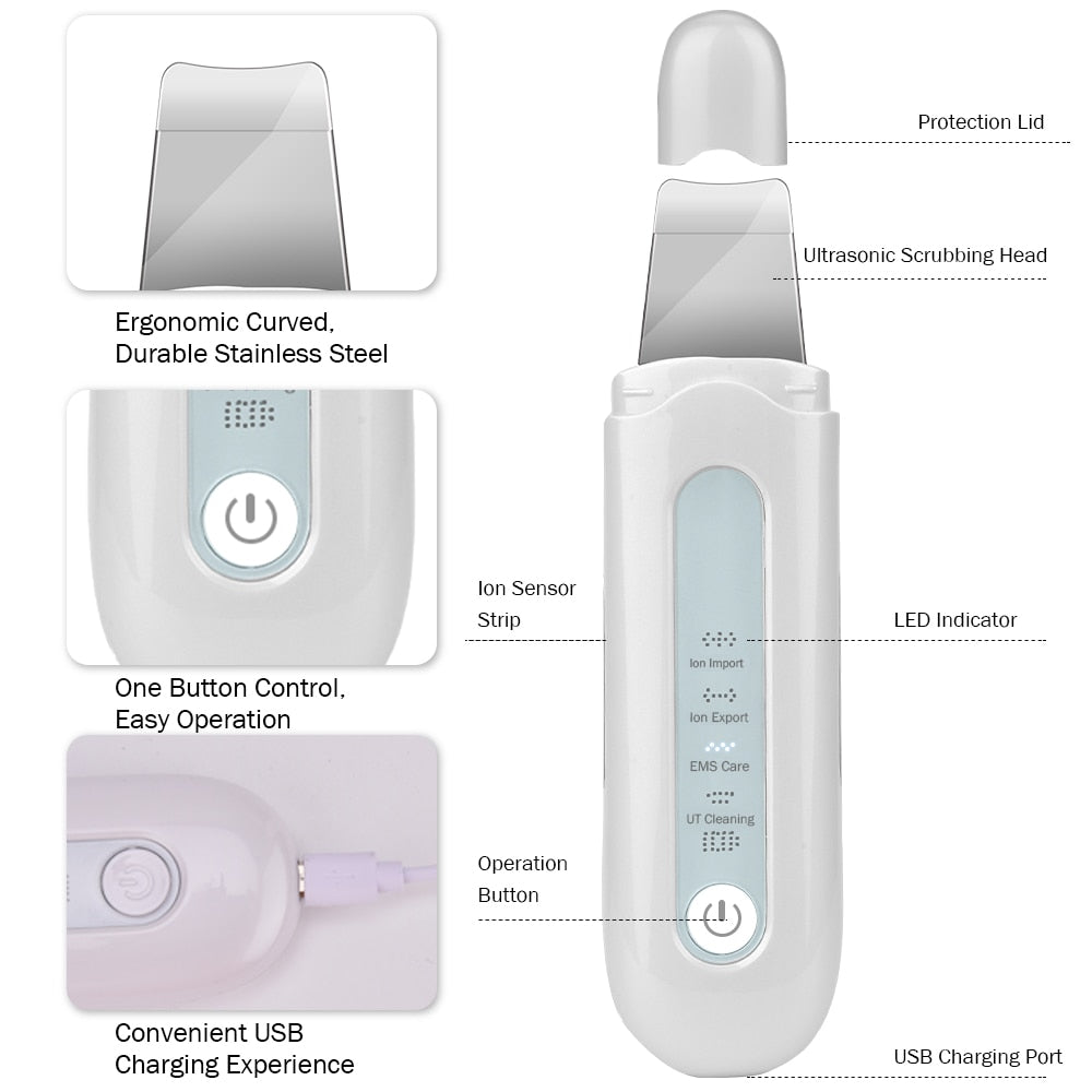 Face Ultrasonic Skin Scrubber Cleaner with ergonomic design for effective acne and blackhead removal.