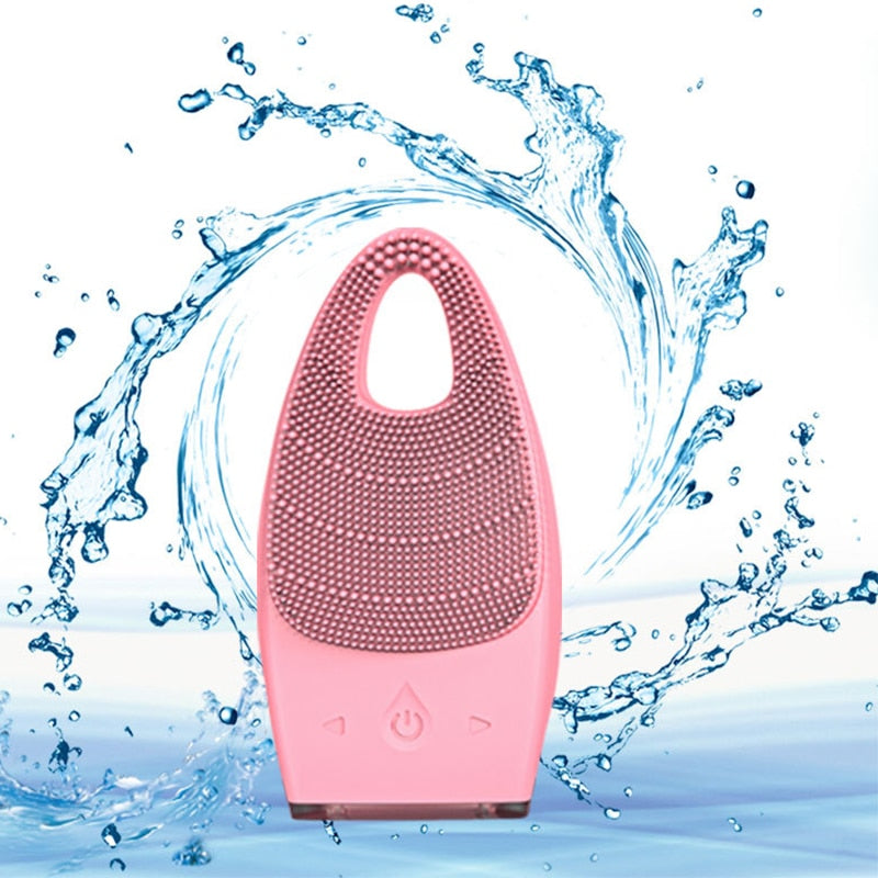 Electric Facial Cleansing Brush in pink color with dual-zone bristles, designed for deep cleansing and facial massage.