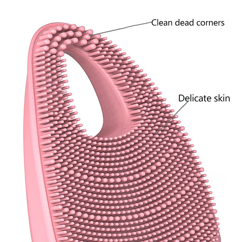 Electric Facial Cleansing Brush in pink color with dual-zone bristles, designed for deep cleansing and facial massage.