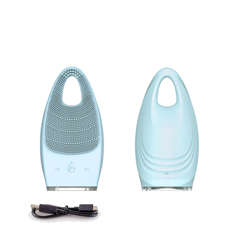 Electric Facial Cleansing Brush in pink color with dual-zone bristles, designed for deep cleansing and facial massage.