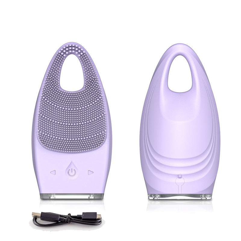 Electric Facial Cleansing Brush in pink color with dual-zone bristles, designed for deep cleansing and facial massage.