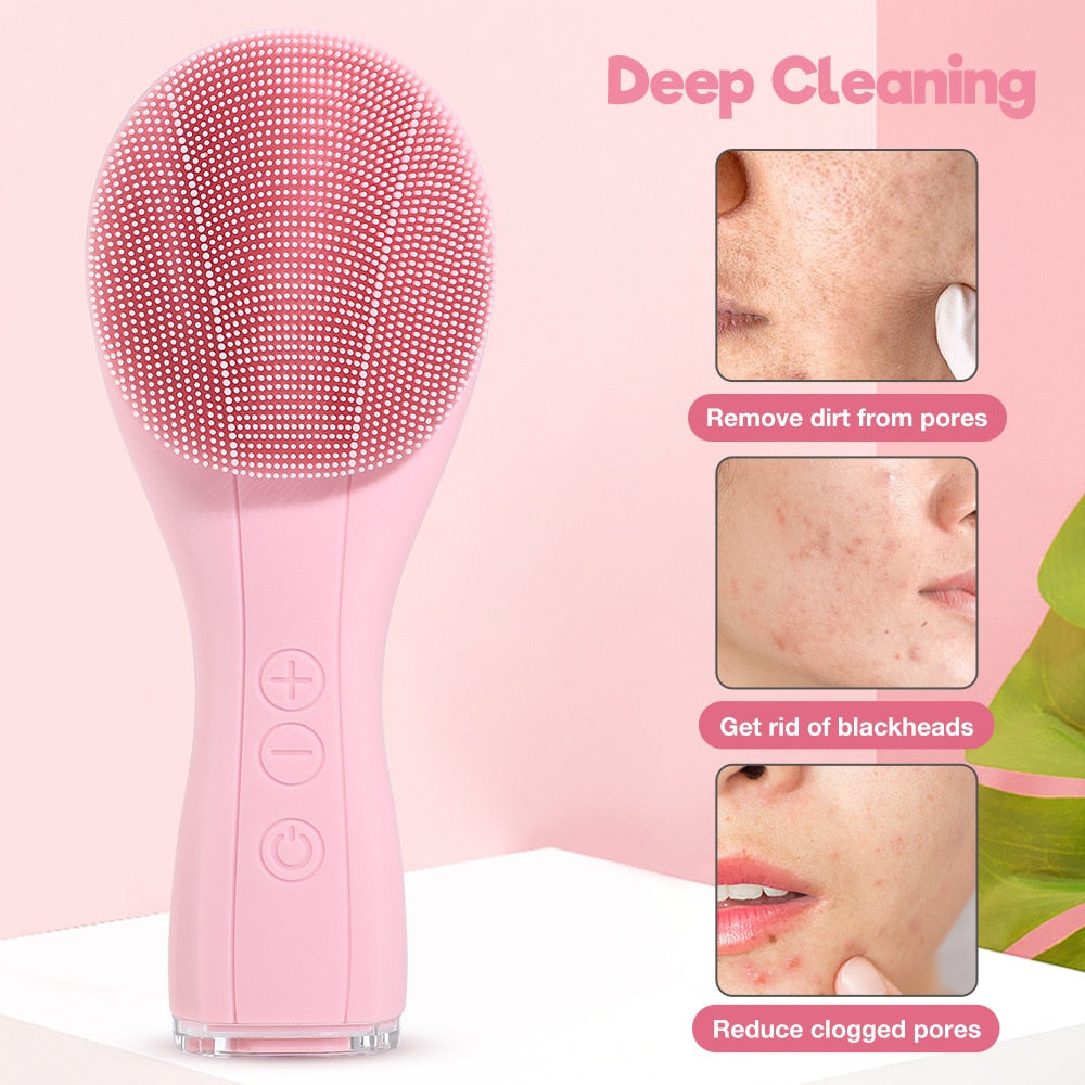 Facial Cleansing Brush in pink color with ergonomic design and high-frequency vibration features for deep cleansing and facial massage.