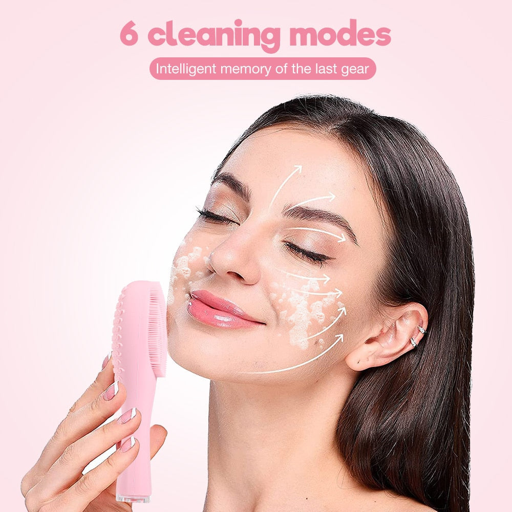 Facial Cleansing Brush in pink color with ergonomic design and high-frequency vibration features for deep cleansing and facial massage.