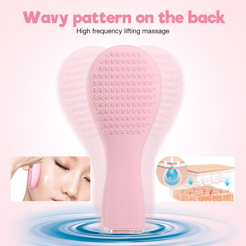 Facial Cleansing Brush in pink color with ergonomic design and high-frequency vibration features for deep cleansing and facial massage.