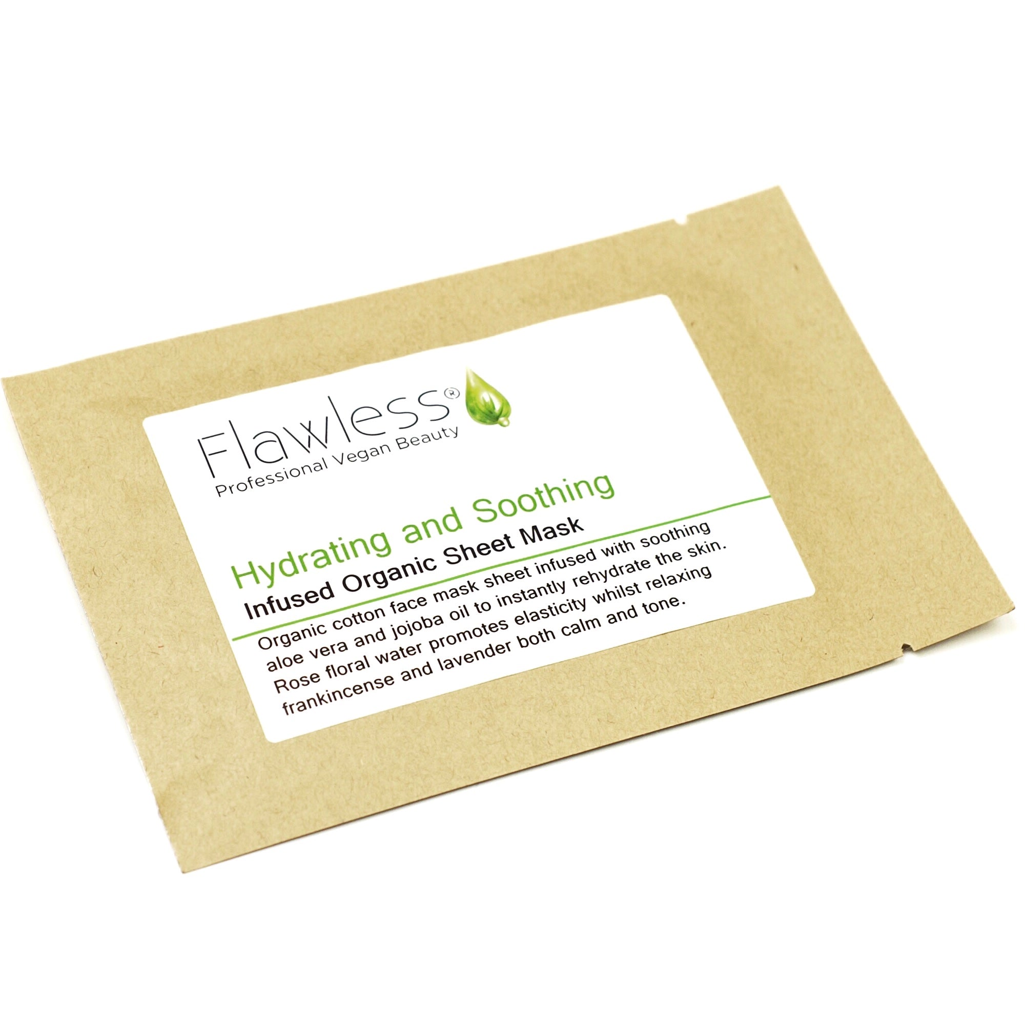 A luxurious hydrating facial sheet mask made of organic cotton, infused with aloe vera, jojoba oil, and rose floral water for soothing and moisturizing benefits.