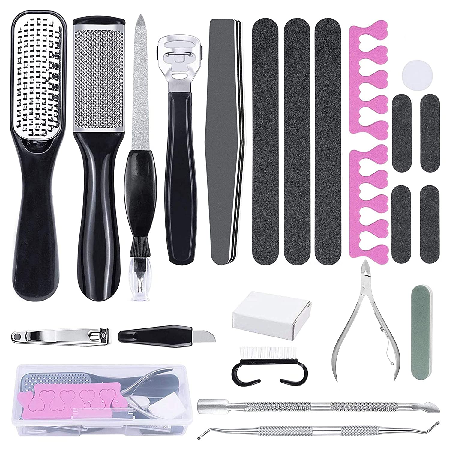 23 in 1 Foot Care Set featuring stainless steel tools for pedicure and foot care, including nail clippers, callus removers, and foot files.