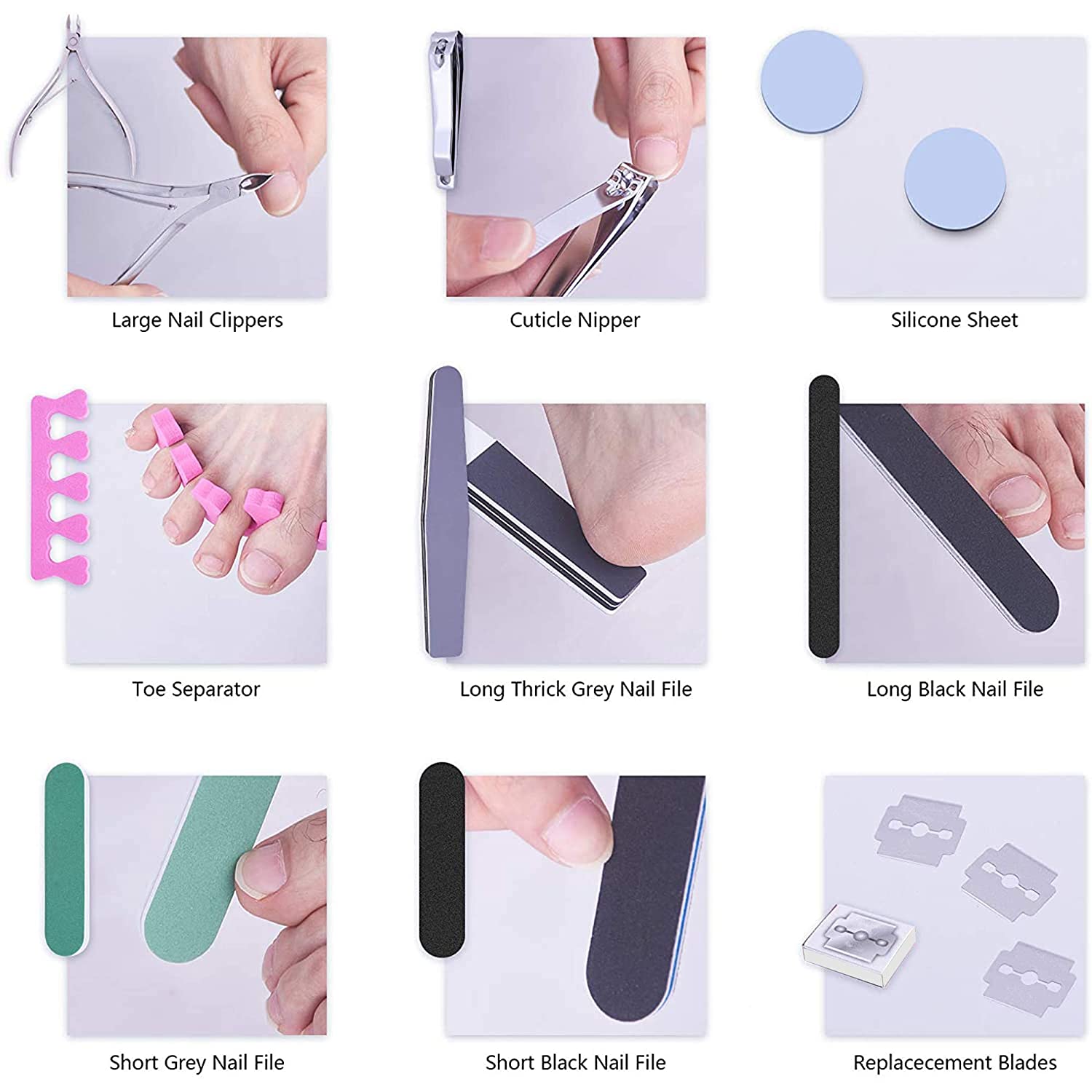 23 in 1 Foot Care Set featuring stainless steel tools for pedicure and foot care, including nail clippers, callus removers, and foot files.