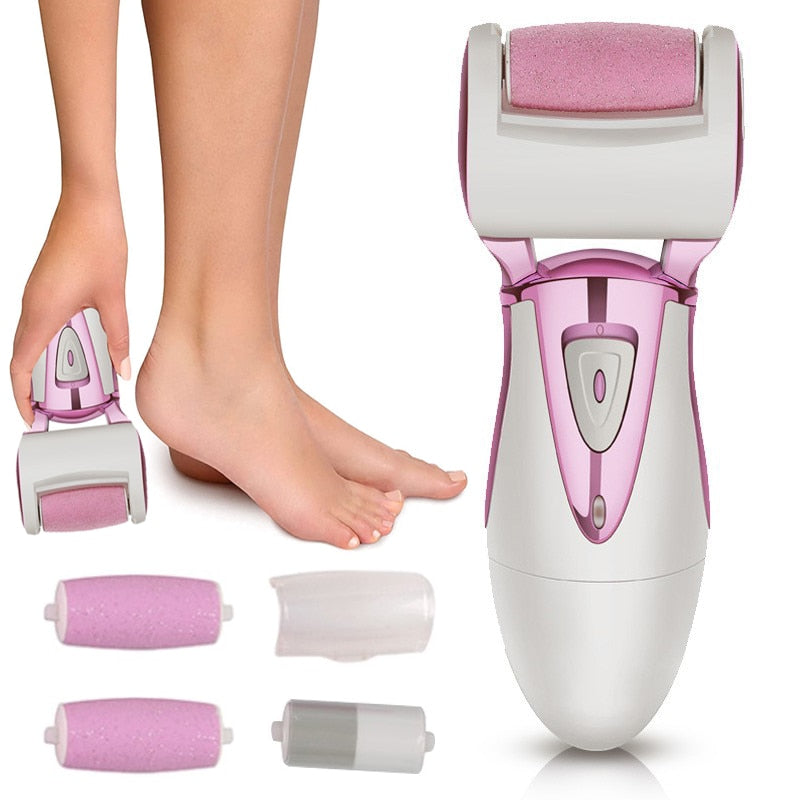 Foot Care Tool with 4 rollers for effective dry skin removal, showcasing its ergonomic design and included accessories.