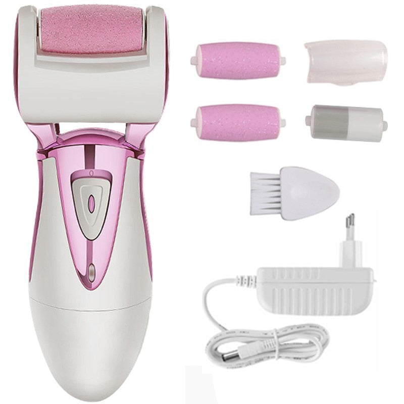 Foot Care Tool with 4 rollers for effective dry skin removal, showcasing its ergonomic design and included accessories.