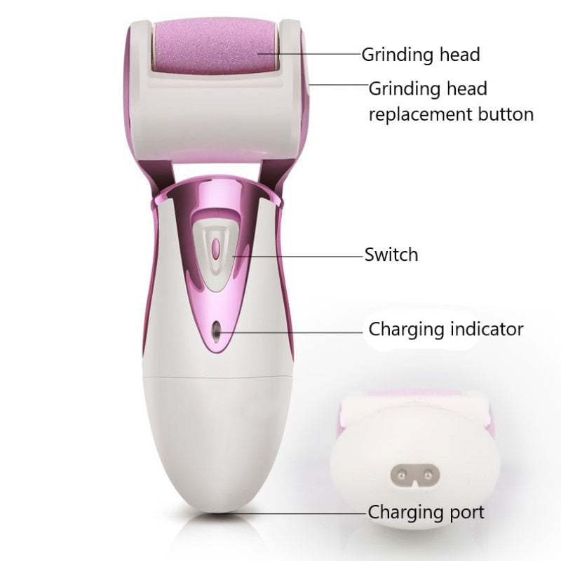 Foot Care Tool with 4 rollers for effective dry skin removal, showcasing its ergonomic design and included accessories.