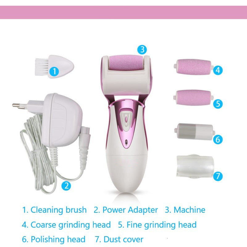 Foot Care Tool with 4 rollers for effective dry skin removal, showcasing its ergonomic design and included accessories.