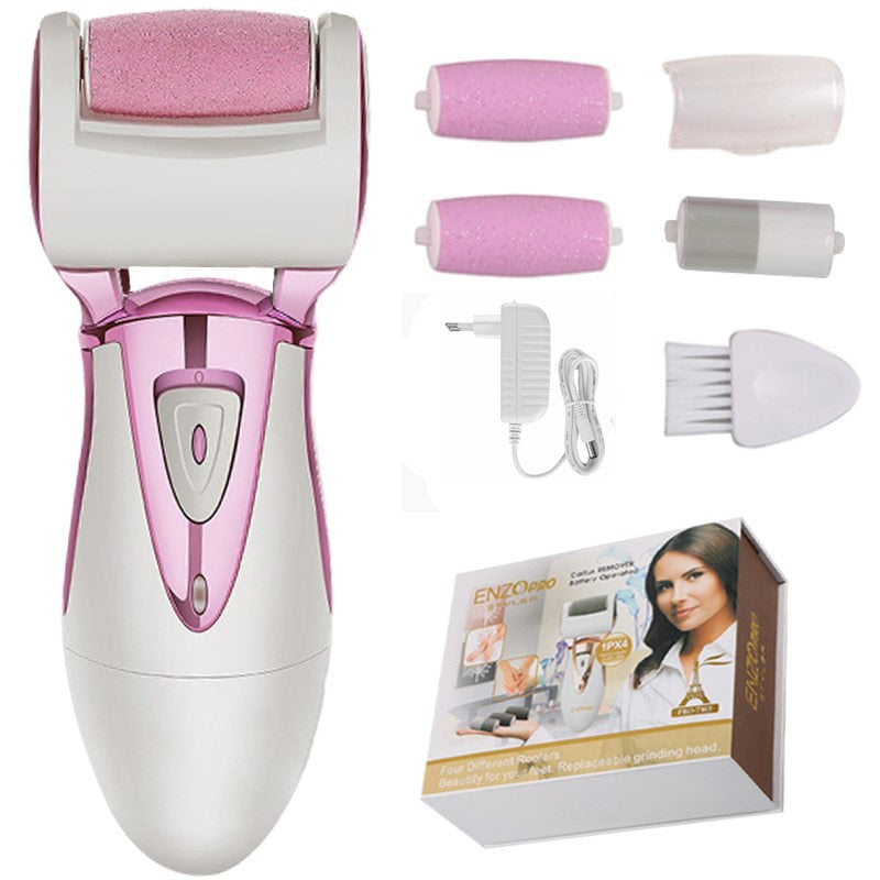 Foot Care Tool with 4 rollers for effective dry skin removal, showcasing its ergonomic design and included accessories.