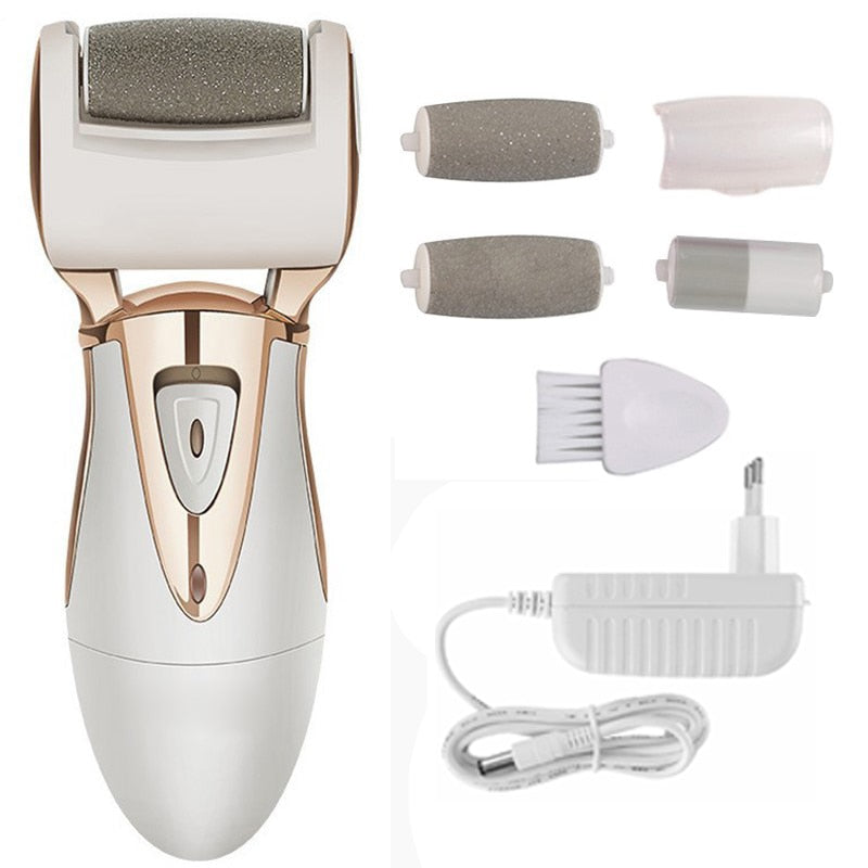 Foot Care Tool with 4 rollers for effective dry skin removal, showcasing its ergonomic design and included accessories.