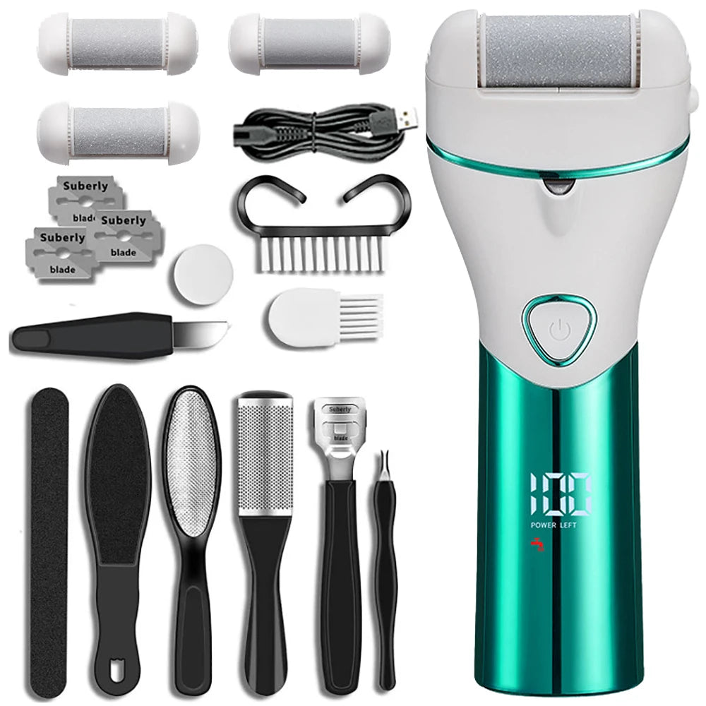 Rechargeable electric foot sander in various colors, designed for effective foot care and wrinkle removal.