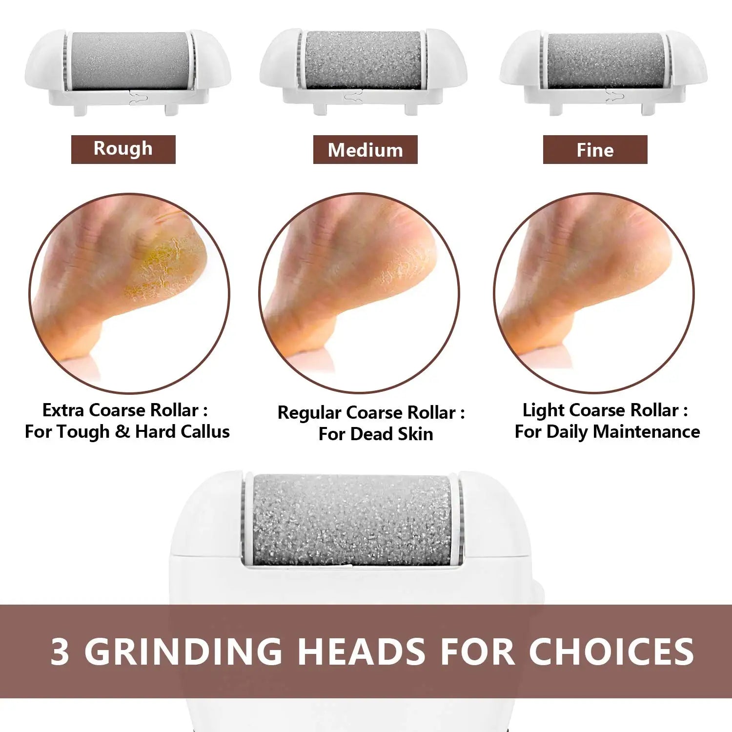 Rechargeable electric foot sander in various colors, designed for effective foot care and wrinkle removal.