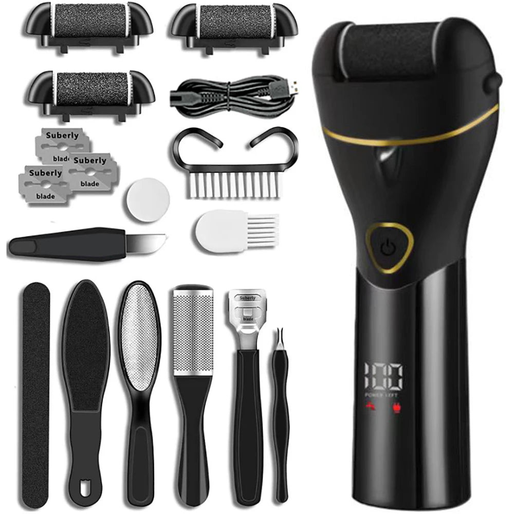 Rechargeable electric foot sander in various colors, designed for effective foot care and wrinkle removal.