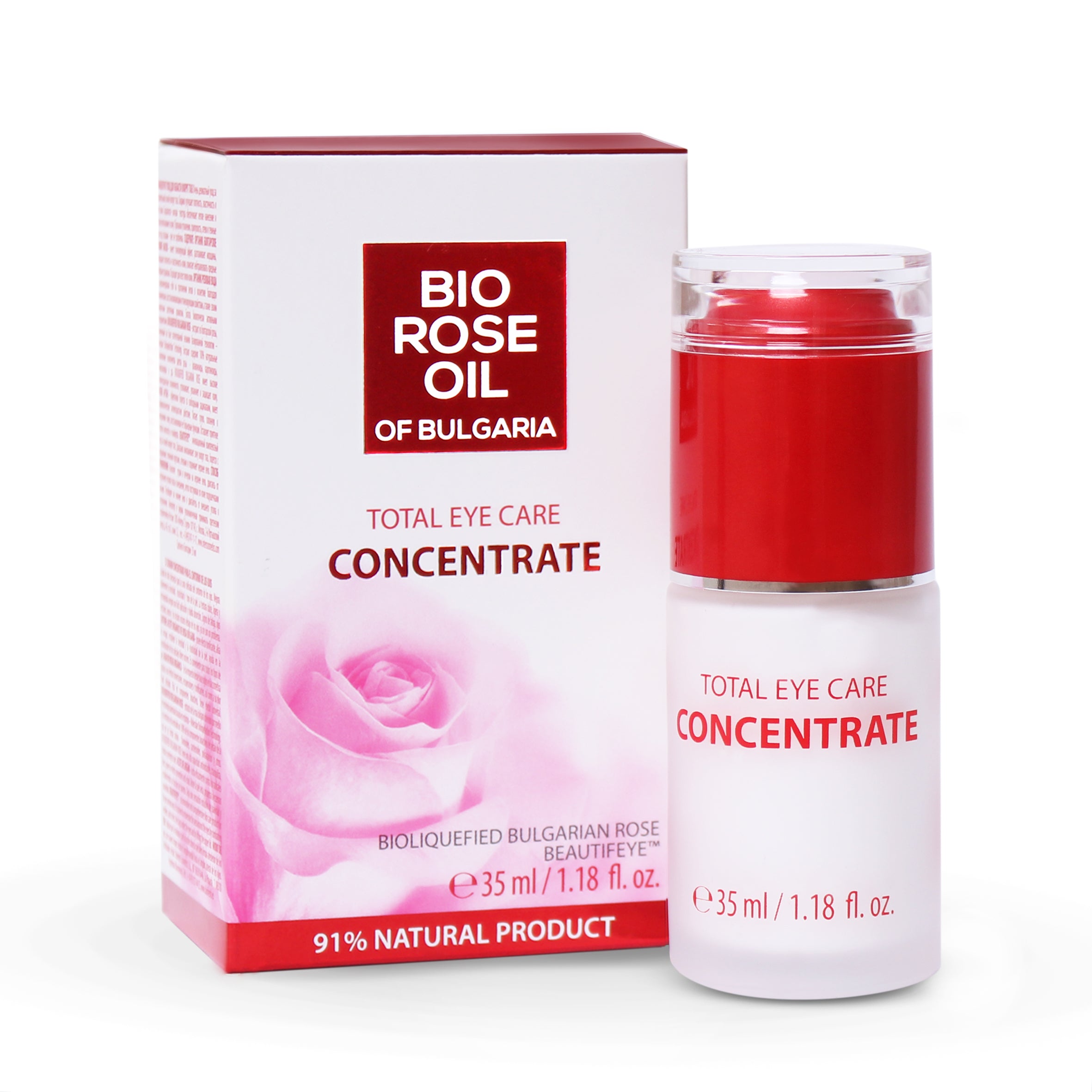 Gentle eye contour concentrate with organic rose oil in a sleek bottle, designed for delicate skin around the eyes.