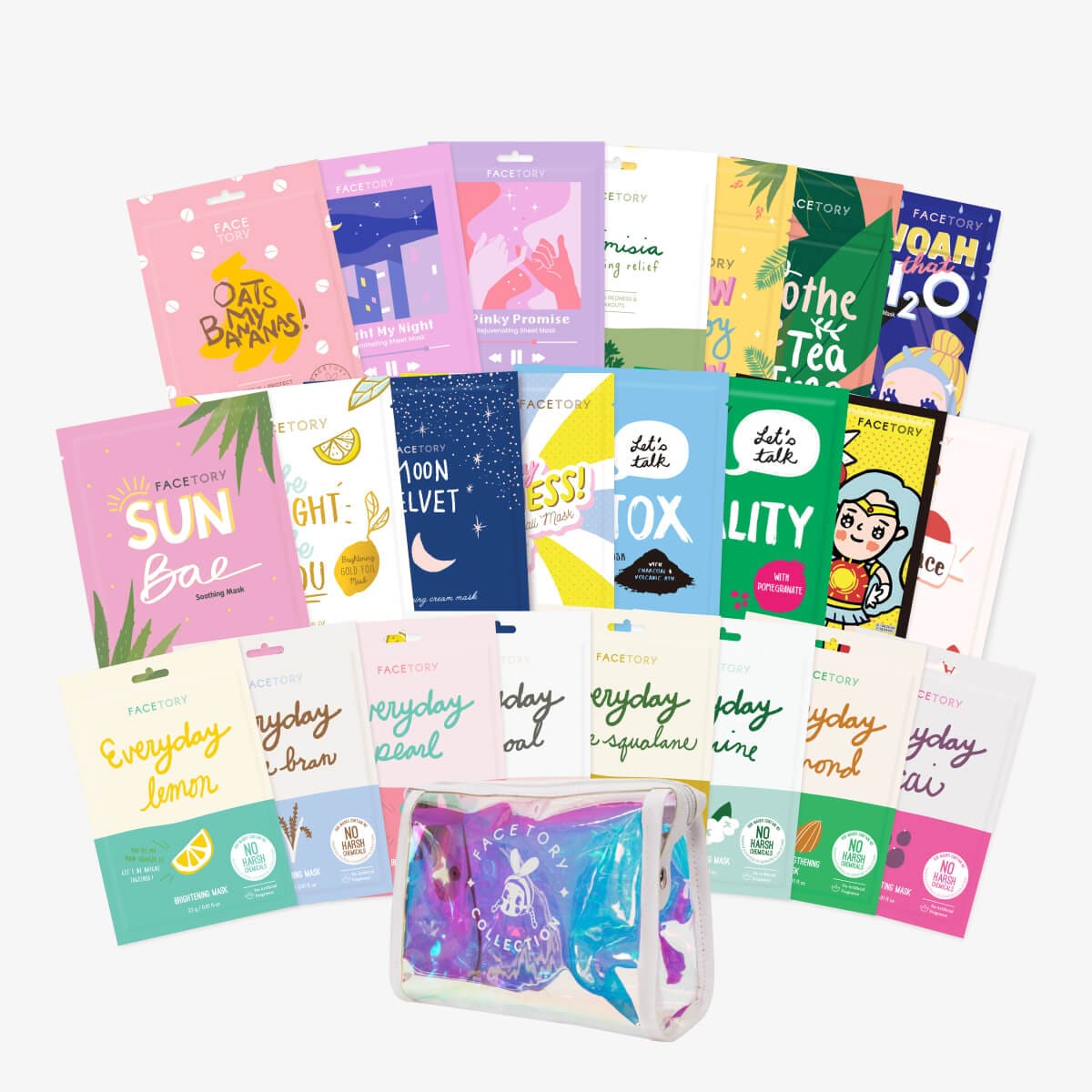 Glow Getter 23 Sheet Mask Bundle featuring 23 sheet masks and a holographic pouch for radiant skin.