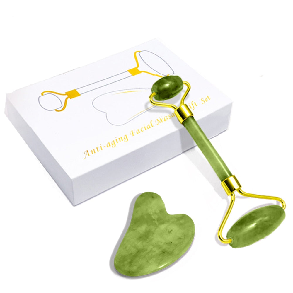 GuaSha Massage Roller Scraper made of natural rose quartz, designed for face lifting and body relaxation, showcasing its elegant design and color variations.