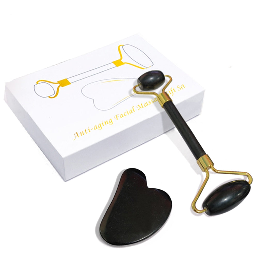GuaSha Massage Roller Scraper made of natural rose quartz, designed for face lifting and body relaxation, showcasing its elegant design and color variations.