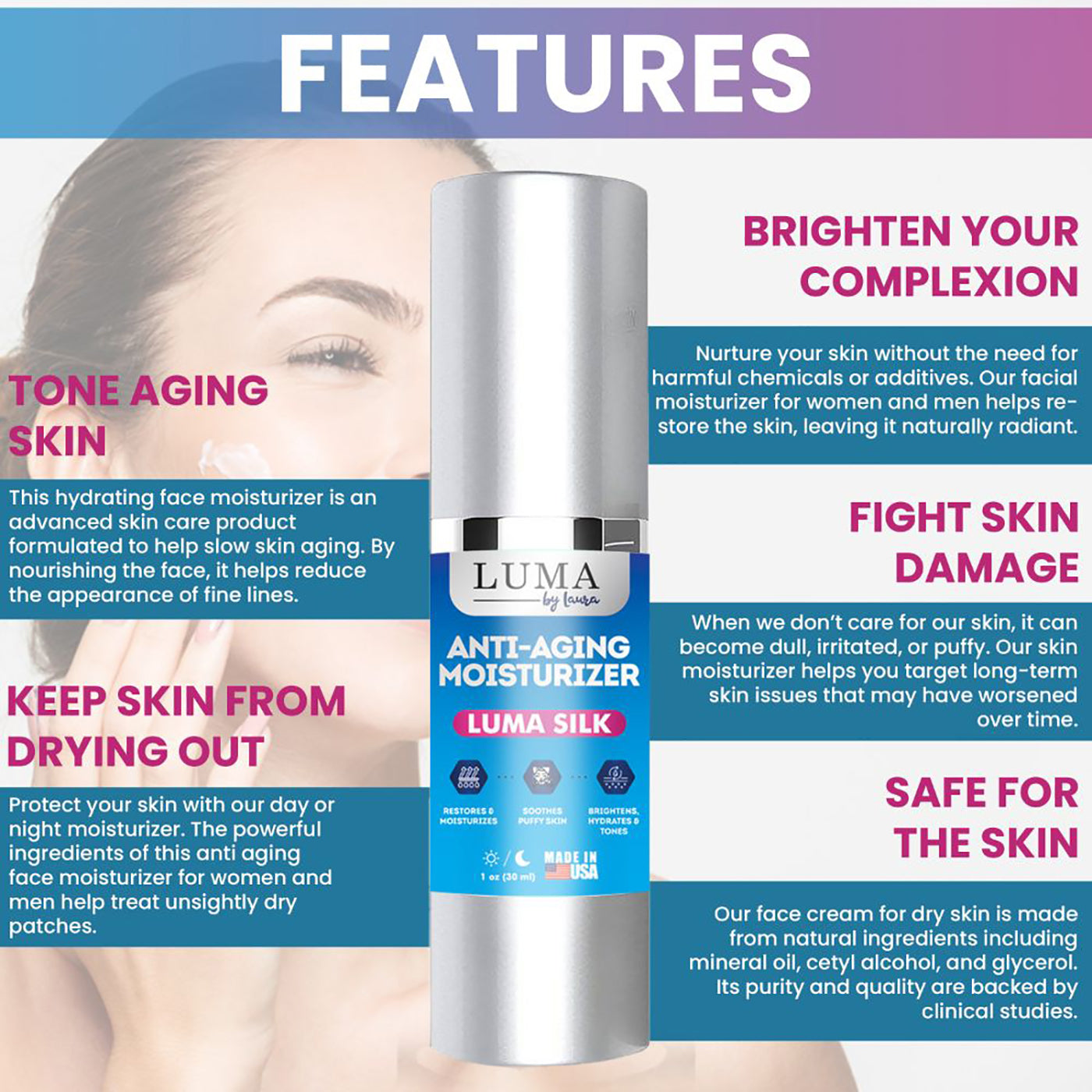 Luma Silk Hydrating Face Moisturizer with mineral oil, showcasing a sleek container and a smooth cream texture, ideal for softer and smoother skin.