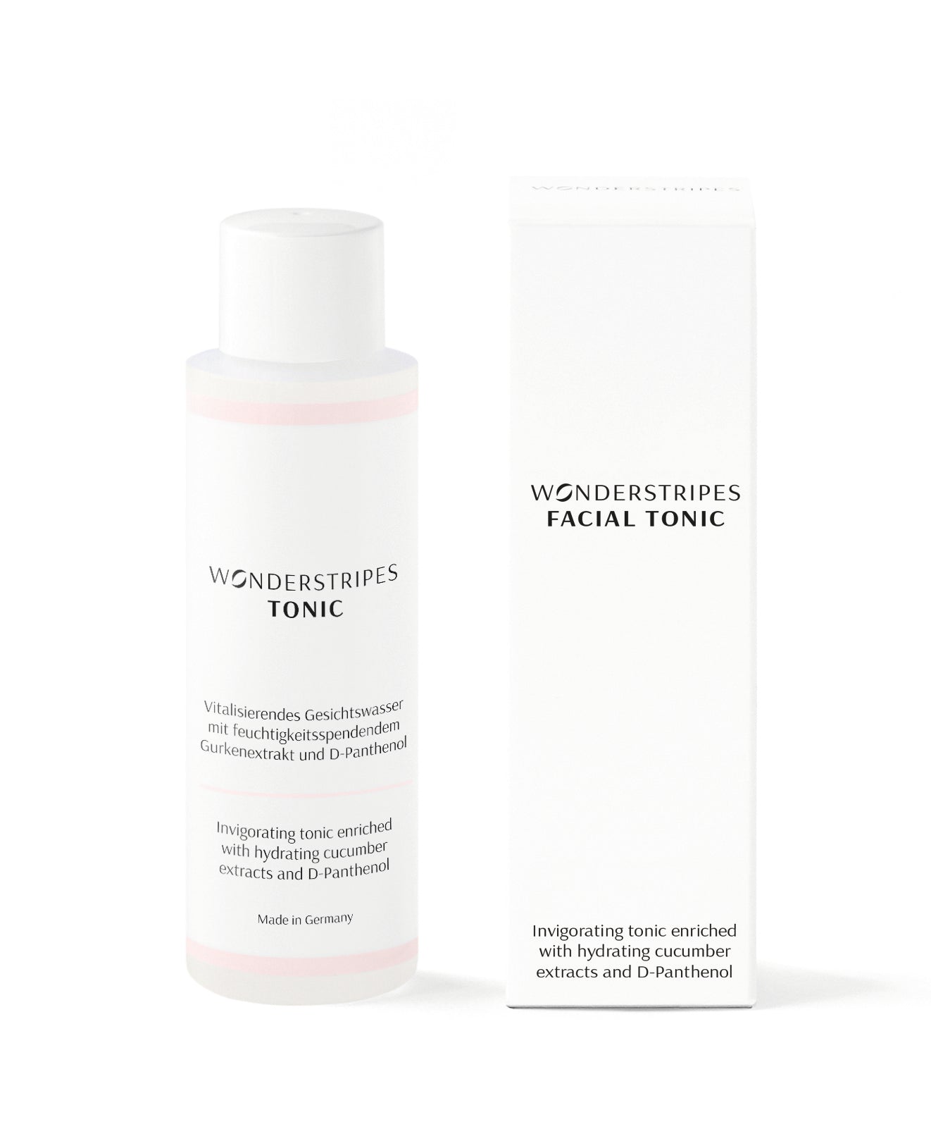 A 100ml bottle of Hydrating Toner featuring a sleek design, showcasing its key ingredients like cucumber extract and D-Panthenol.