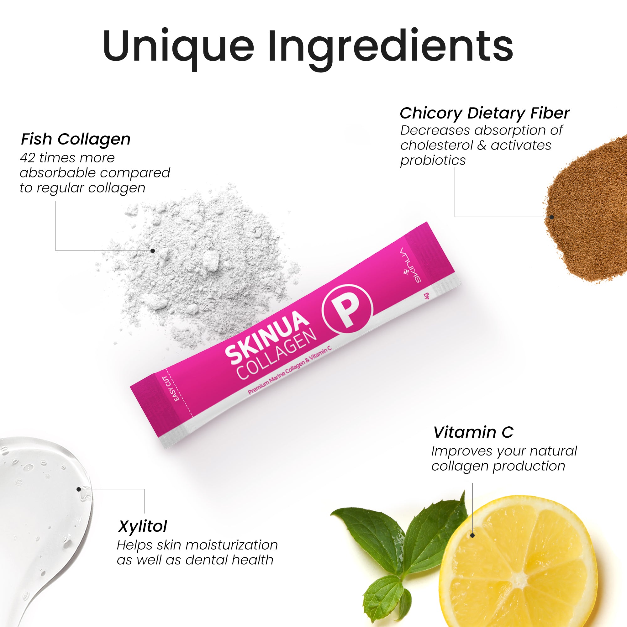SKINUA Hydrolyzed Fish Collagen Peptides Powder with Vitamin C in single-use pouches, showcasing its premium quality and convenience.