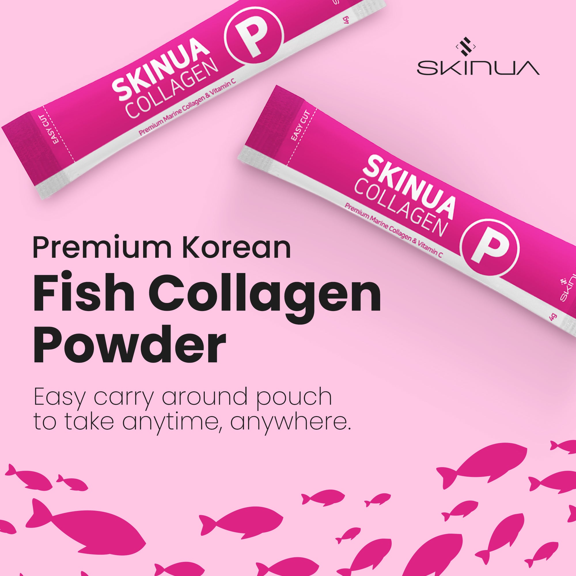 SKINUA Hydrolyzed Fish Collagen Peptides Powder with Vitamin C in single-use pouches, showcasing its premium quality and convenience.