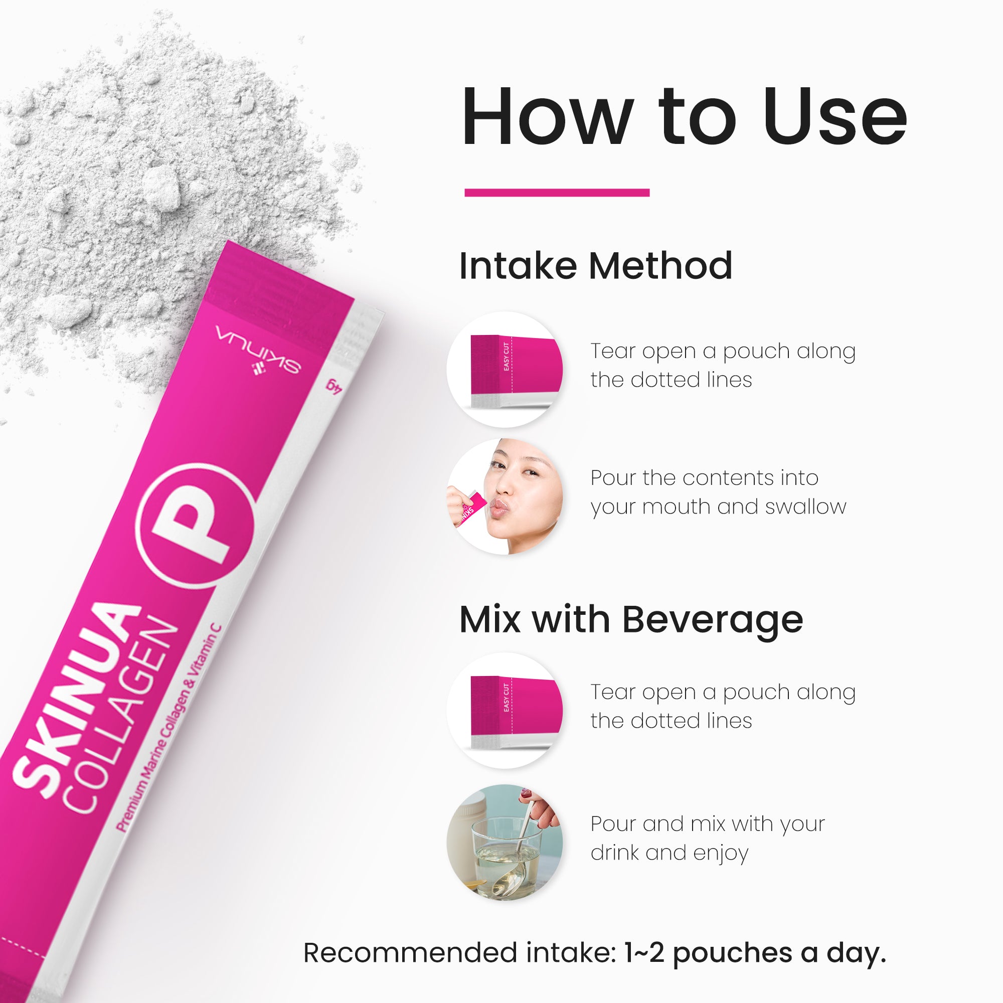 SKINUA Hydrolyzed Fish Collagen Peptides Powder with Vitamin C in single-use pouches, showcasing its premium quality and convenience.