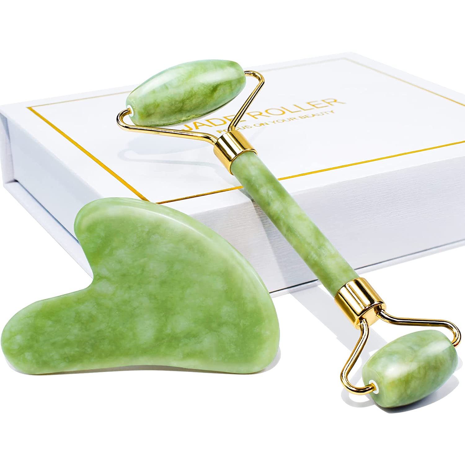 Jade Roller and Gua Sha tools elegantly displayed in a gift box, showcasing their natural jade material and beauty.