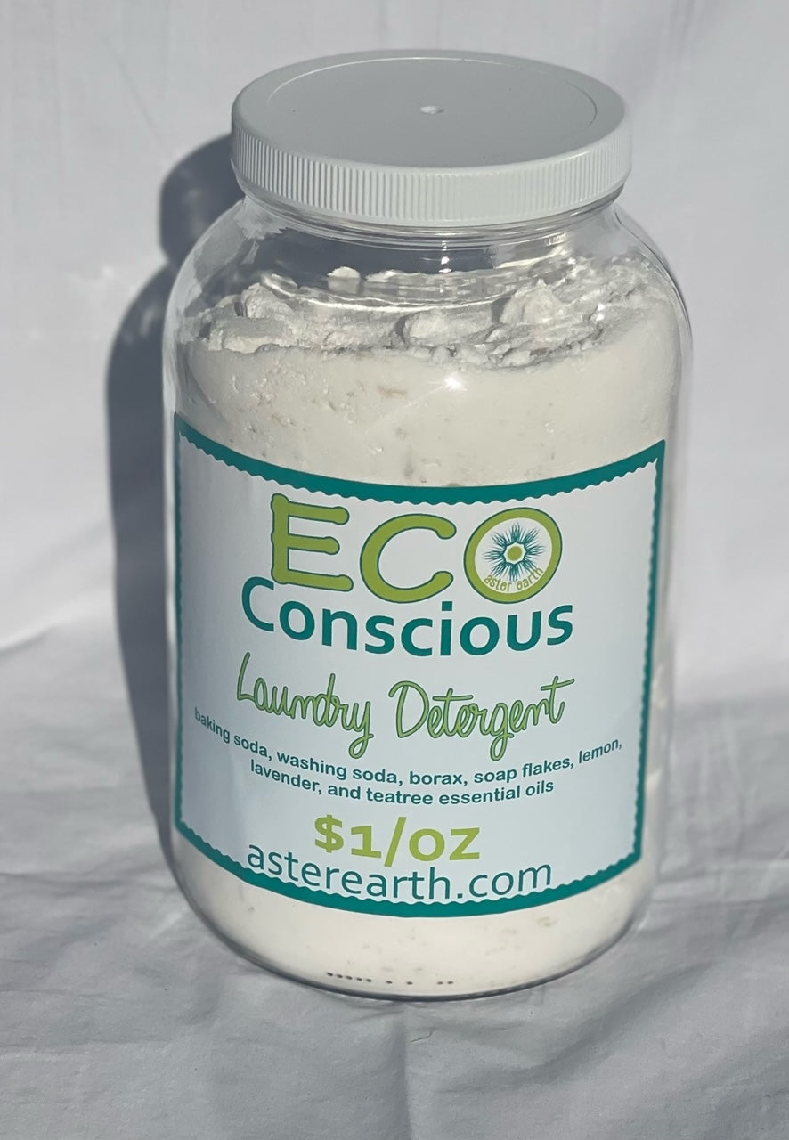 A jar of all-natural concentrated laundry powder with fresh scents of tea tree, lemon, and lavender, showcasing eco-friendly packaging.